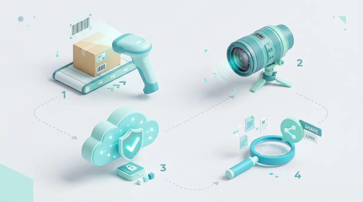 ProofMe 4 steps pipeline: Label → Camera → Local → Search and export